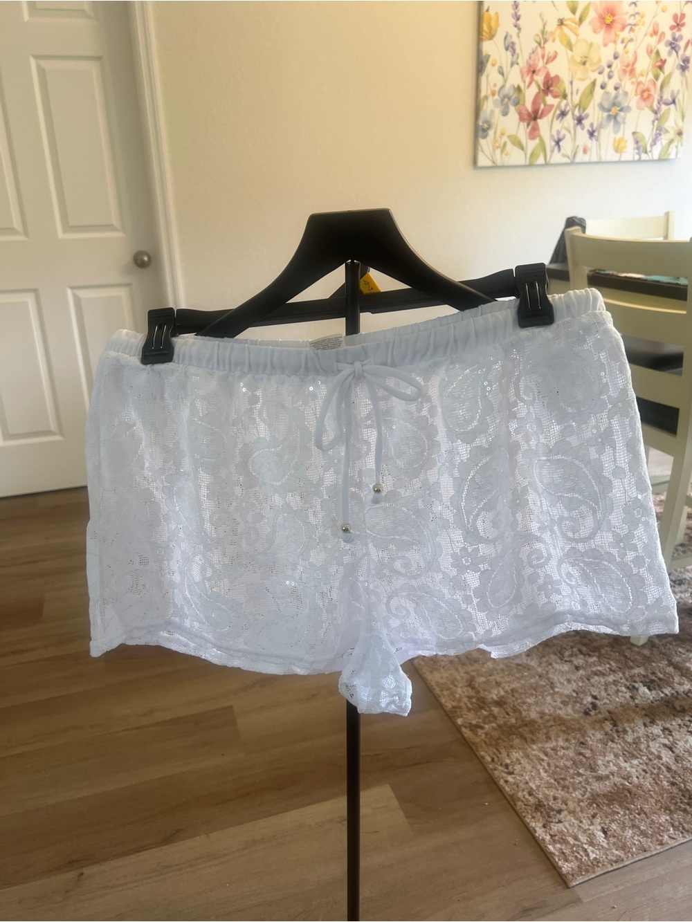 Women's White Lace Scattered Sequin see Through Shorts with Drawstring